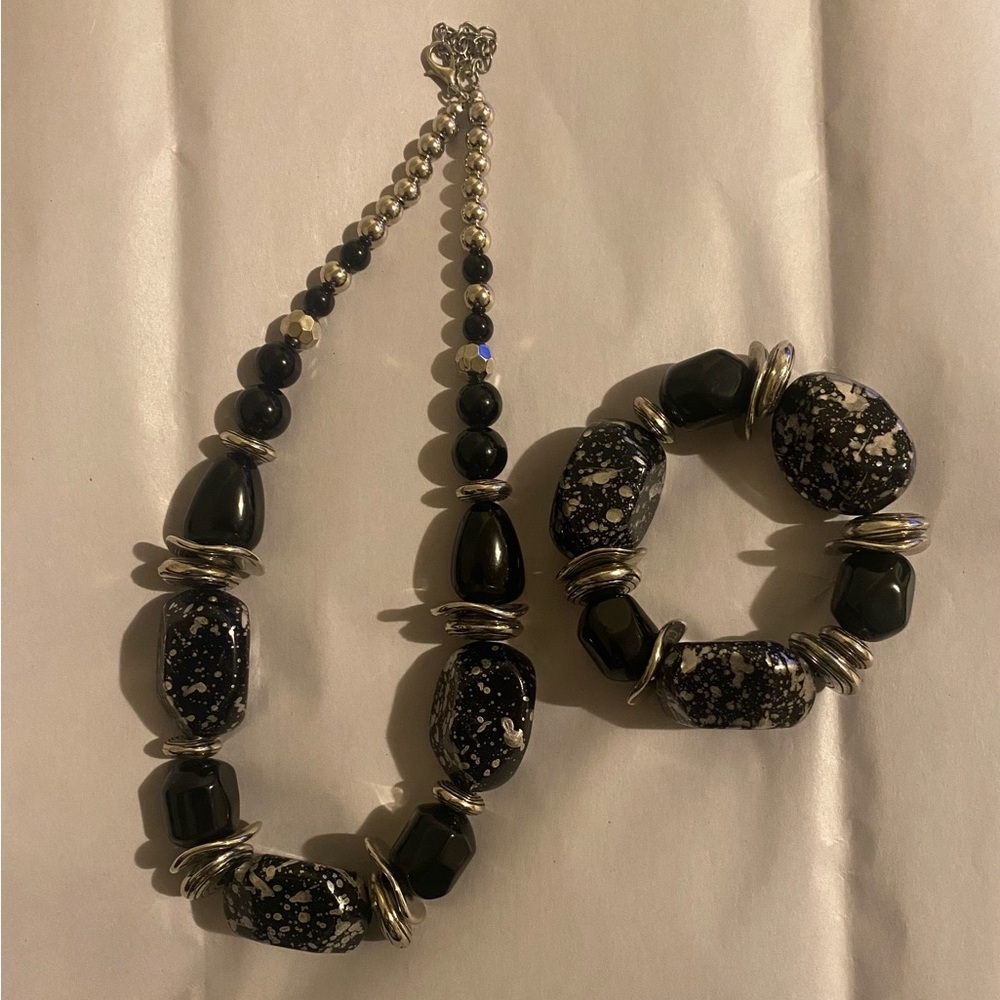 Black and Silver Beaded Necklace and Bracelet Set